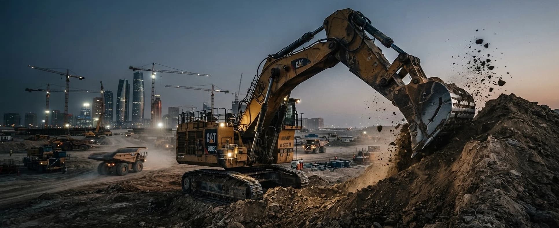 Excavator working on an Abu Dhabi construction site at dawn